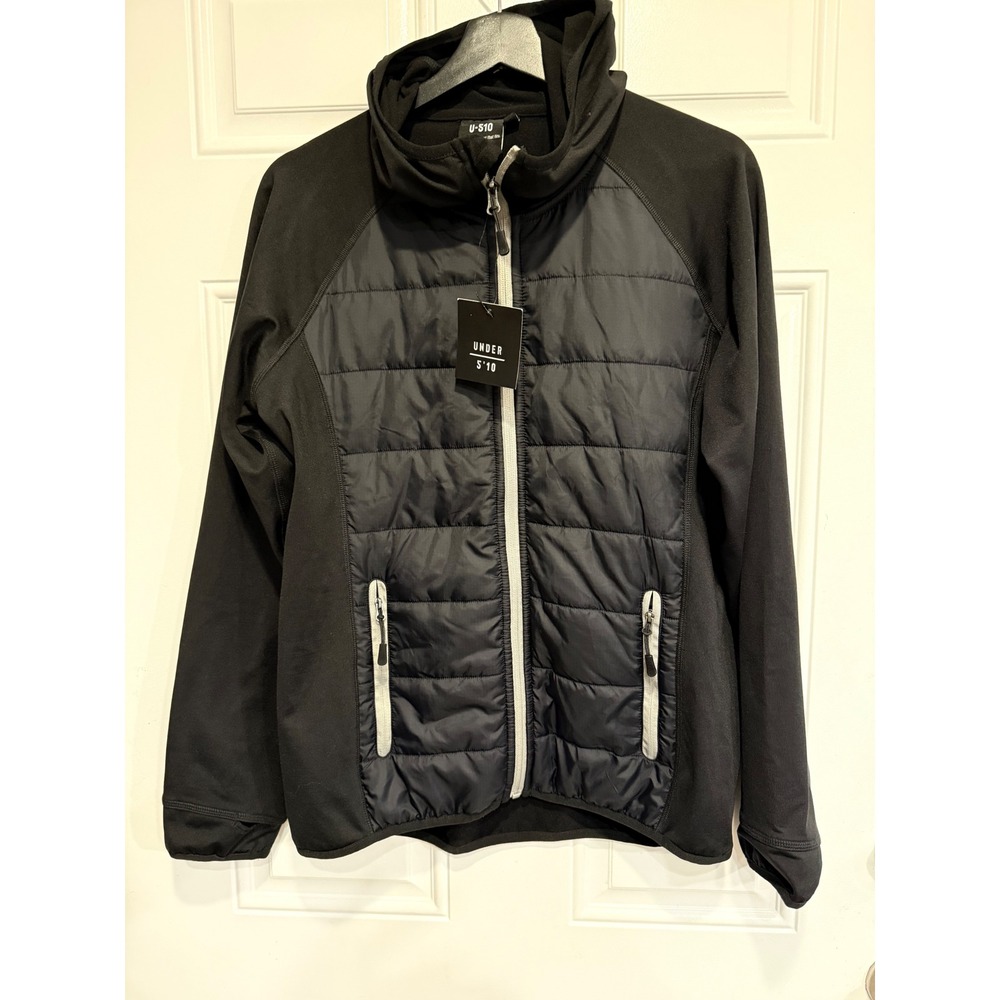 Under 5'10 U-510 Mens Hybrid Puffer Hoodie Black Quilted Full Zip Jacket Small